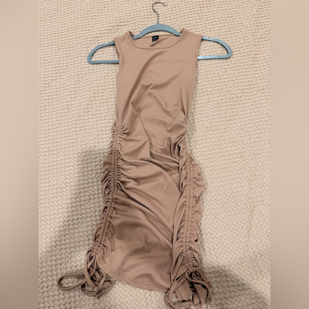 SHEIN Ruched Midi Bodycon Dress in Beige